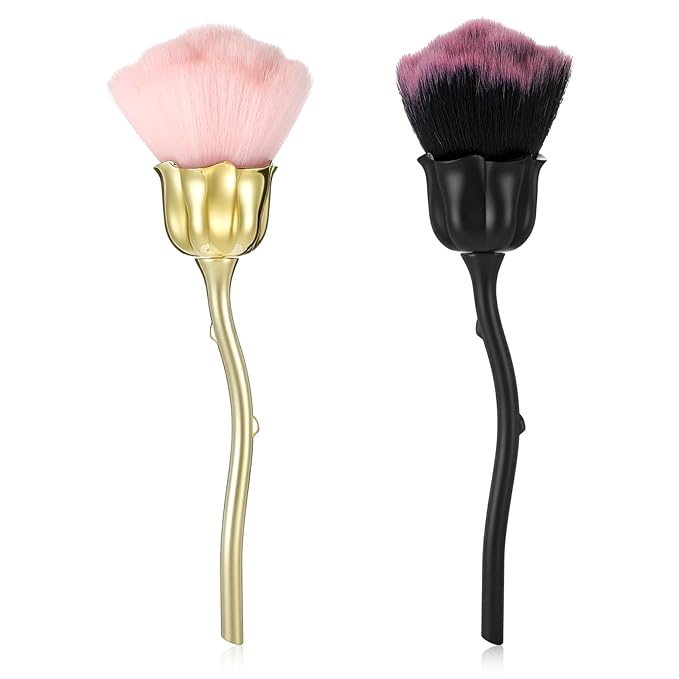 2Pcs Nail Dust Brush, Ultra Soft Nylon Powder Remover for Nails with Rose Shape Long Handle, Nail Art Cleaner Tools for Nails Trimming Cleaning Makeup (Black, Gold)