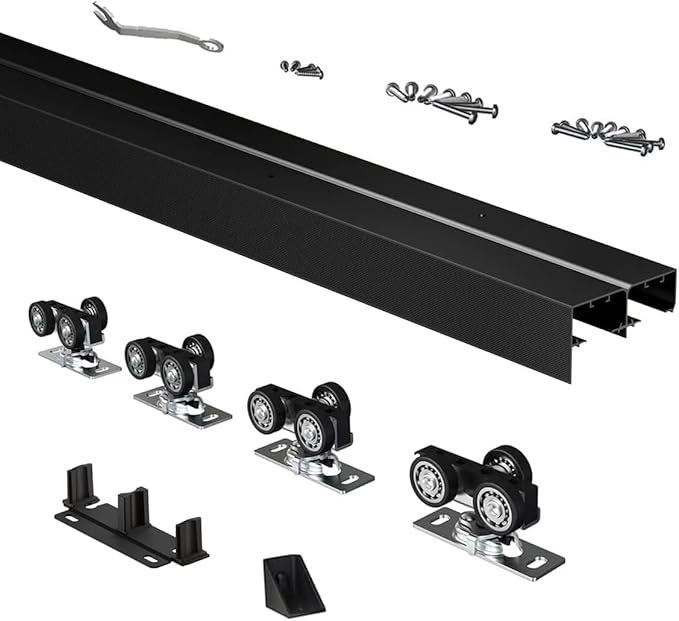 Heavy Duty Bypass Sliding Closet Door Track Hardware 84", 7 FT Aluminium Pocket Door Track Rail Set, Smoothly and Quietly, for 2 Door System,Black