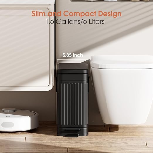 Small Bathroom Trash Can with Lid Soft Close, 6L / 1.6 Gallon Stainless Steel Small Garbage Can with Step Pedal, Slim Waste Basket for Bedroom, Toilet, Office - White