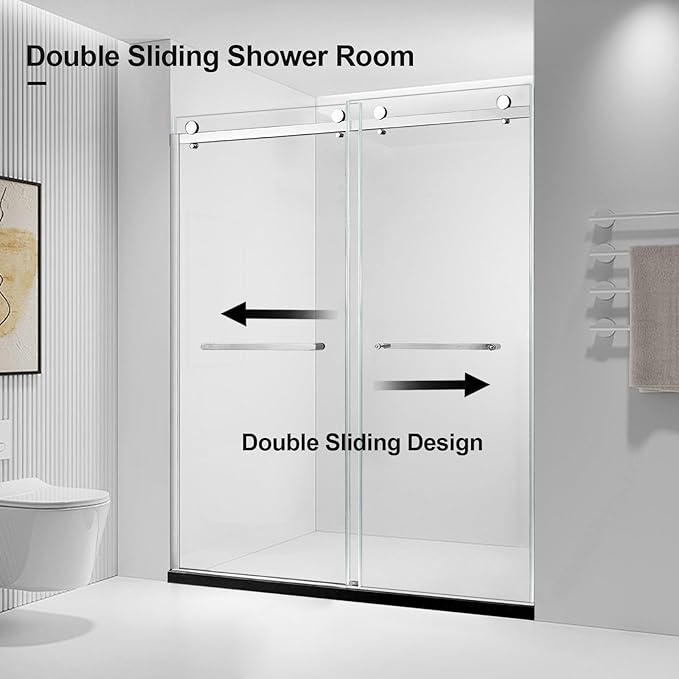 Shower Door, 56-60" W x 74" H Framed Double Sliding Shower Door with 5/16"(8mm) Clear Tempered Glass, Glass ShowerDoor w/Explosion-Proof Film Nano Coating,Brushed Nickel Finished