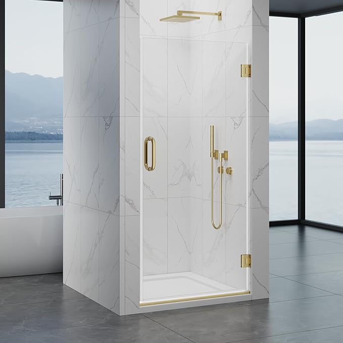 Framelss Hinged Shower Door, 34" W x 76" H Single Swing Pivot Shower Door, 3/8" (10mm) Tempered Glass with Nano Coating, Stainless Handle, Glass Door for Walk-in Shower - Brushed Gold