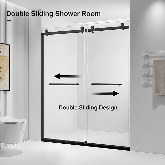 Double Sliding Shower Door, 60" W x 74" H Framed Glass Shower Door with 5/16"(8mm) Clear Tempered Explosion-Proof Film Glass, 18 inch Stainless Steel Handle, Matte Black