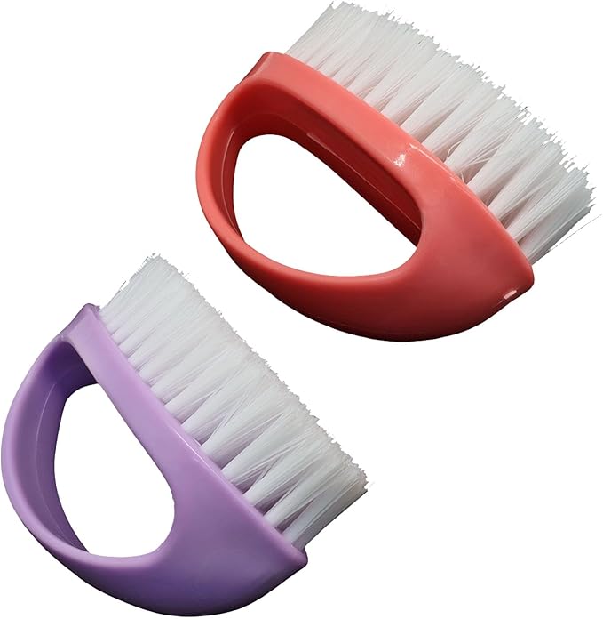 Hordion 2 Pack Hand Nail Brush, Heavy Duty Scrub Brush Nylon Stiff Bristles Small Cleaning Brush with Handle for Bathroom Showe Sink Kitchen Bathtub Floor(Purple, Pink)