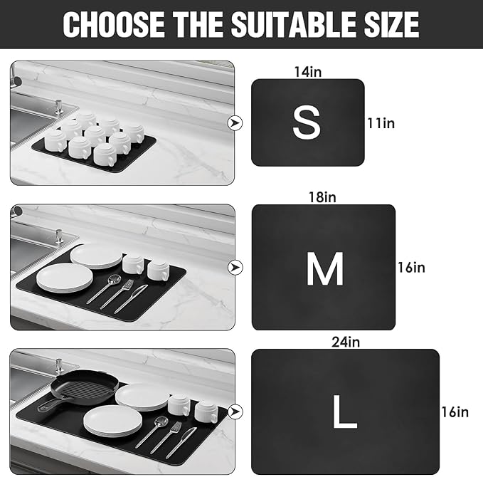 Dish Drying Mat for Kitchen Counter Super Absorbent Drainer Mats with Non-slip Rubber Backed Hide Stain Heat Resistant Easy to Clean Dish Rack Mat (Black, M-18"x16")