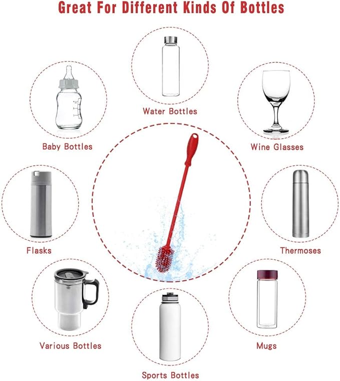 Silicone Bottle Cleaning Brush with Long Handle, BPA Free 12.5" Water Bottle Cleaner for Baby Bottles, Hydro Flask, Sports Bottle, Vase, Glassware, Perfect for Smaller Diameter Bottle Openings (Red)