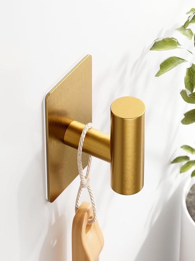 Towel Hooks for Bathrooms – 2 Pack, Brushed Gold Finish, T-Shaped Stainless Steel Adhesive Wall Hooks for Robes & Towels in Kitchen, Shower, or Closet