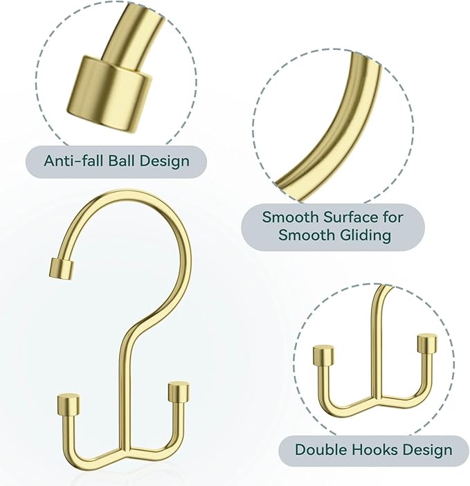 Goowin Shower Curtain Hooks, Shower Curtain Rings, Durable Gold Shower Curtain Hangers, Smooth Glide Double Hook Shower Curtain Hooks, Simple Shower Hooks for Shower Curtain, Gold, 24 Pack-Cylinders