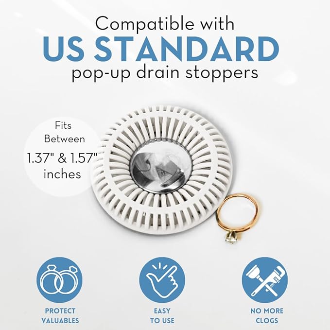 Bathroom Sink Hair Catcher for Pop-Up Drain – SinkRing 1.57" Precision Strainer for Bathroom Sink Drains | Clog-Free Hair Trap for Contacts, Earrings, Jewelry | No Suction or Screws – White