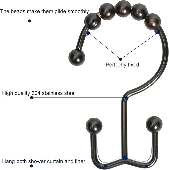 Shower Curtain Hooks,Sturdy Stainless Steel Double Sided Shower Hooks Rings for Bathroom Shower Curtain Rods Curtains Set of 12 Hooks - Bronze