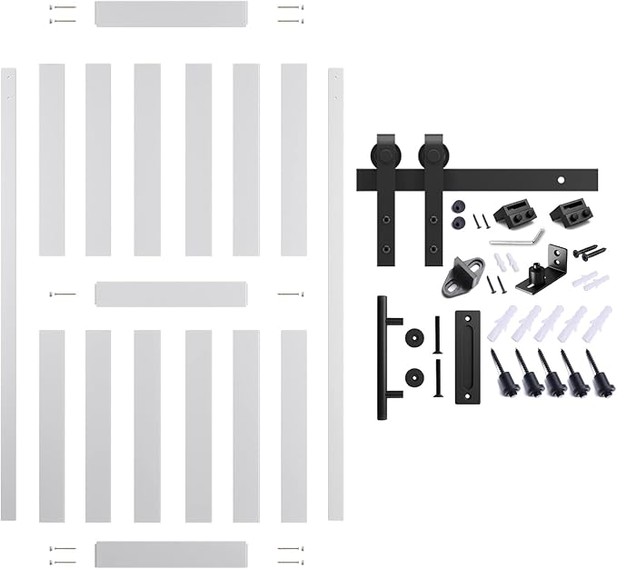 40''x84'' Sliding Barn Door with 7 Ft Barn Door Hardware Kit& Handle& Floor Guides,Pre-Drilled Holes Easy Assembly - Include Installation Manual, Water-Proof PVC Surface, H-Frame, White