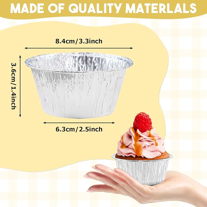 Aluminum Foil Baking Cups 150 Pcs, SUPPHOUS 5 Oz Disposable Ramekin Aluminum Cupcake liners, Silver Foil Baking Cups Muffin Liners for Cupcake, Baking, Egg Tart, Pudding, Creme Brulee