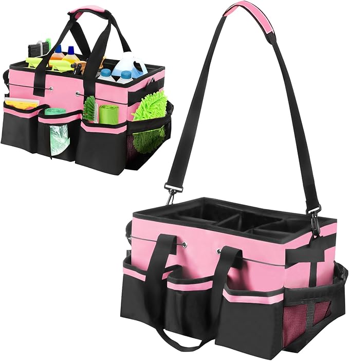 Wearable Cleaning Caddy Organizer with Handle & Shoulder Straps for Cleaners, 5 Compartments, Housekeeping Tote for Kitchen & Bathroom, Car Tool Caddy Organizer Bag (pink)