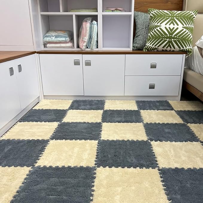 12Pcs Interlocking Carpet Tiles,12"x 12" Plush Interlocking Foam Carpet Tiles with Border,Fluffy Play Mat Floor Tiles Thick Padded Squares Foam Tiles for Playroom Decor (Khaki+Grey)