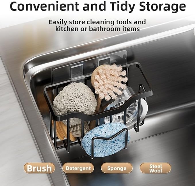 Stainless Steel Sink Drainer Rack with Wall Mount, Kitchen Sponge Holder and Organizer for Efficient Cleaning Tool Storage (Black)