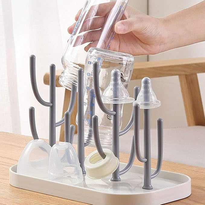 FEOOWV Baby Bottle Drying Rack with Base, Creative Tree Branch Baby Bottle Dryer Holder for Bottles, Teats, Cups, Pump Parts and Accessories (Gray)
