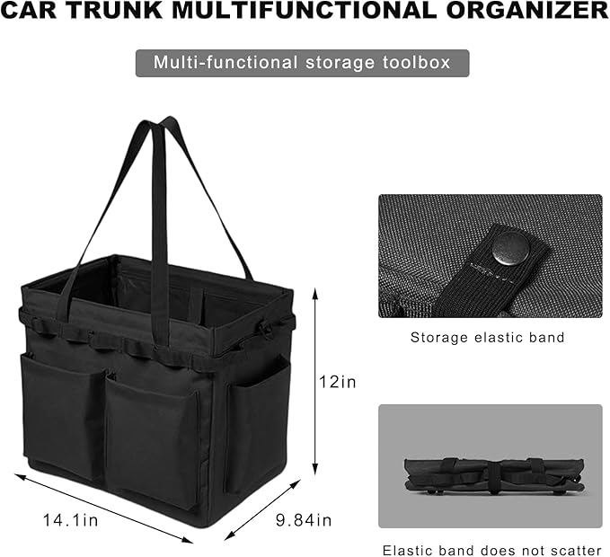 Car Trunk Organizer, Large Capacity Collapsible Tote Wearable Cleaning Caddy Bag w/Adjustable Straps, Multifunctional Vehicle Storage Box for Groceries Tools Cleaning Supplies (Black)