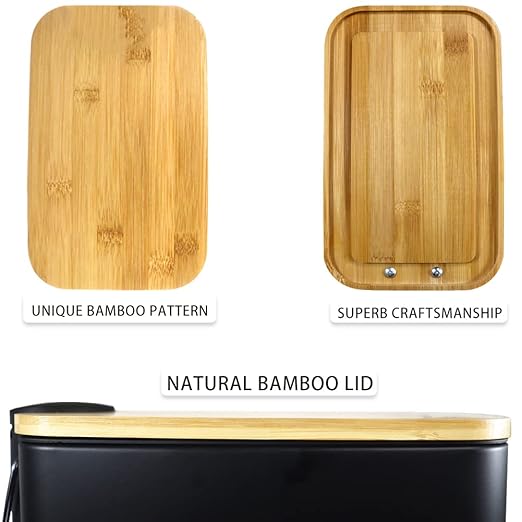 SIDIANBAN Bathroom Trash Can with Bamboo Lid Soft Close and Foot Pedal, Small Rectangular Slim Garbage Can with Inner Wastebasket for Bedroom, Office, Kitchen, 1.3Gal/5L, Black