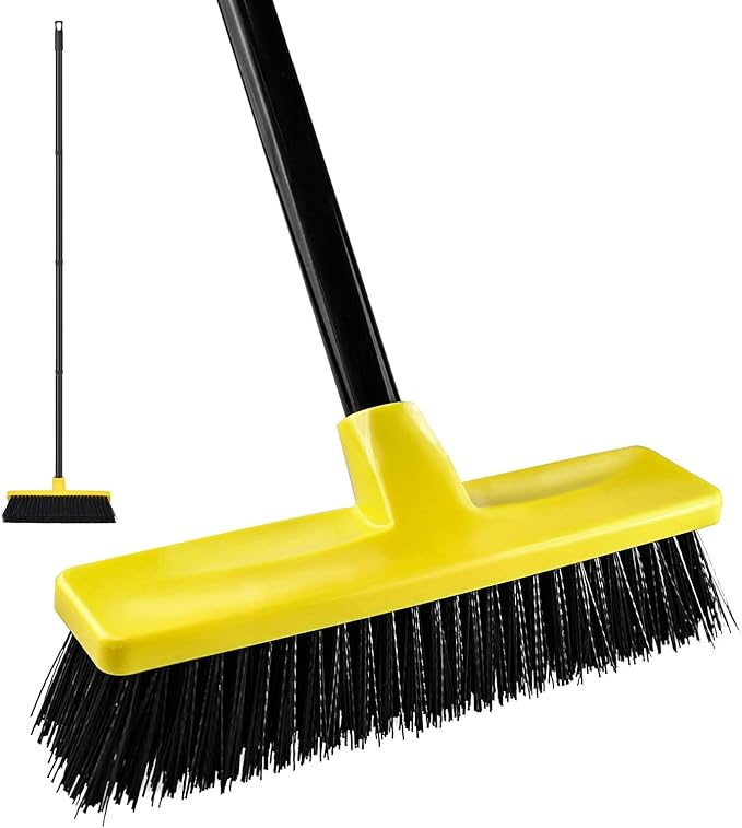 Push Broom Outdoor Indoor Broom 12" Wide,50" Long Handle with Stiff Bristles for Cleaning Scrubbing Deck Driveway Yard Patio Wood Stone Tile Floor