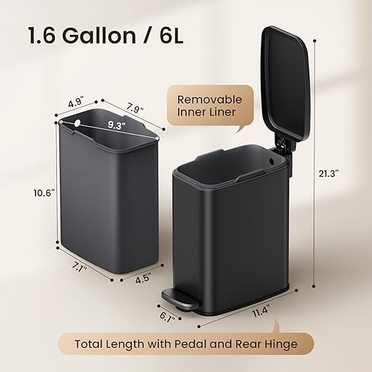 Cesun Small Bathroom Trash Can with Lid Soft Close, 6L/1.6 Gallon Stainless Steel Slim Garbage Can with Foot Pedal and Removable Inner Bucket, Slim Wastebasket for Bathroom, Office, Toilet (Black)