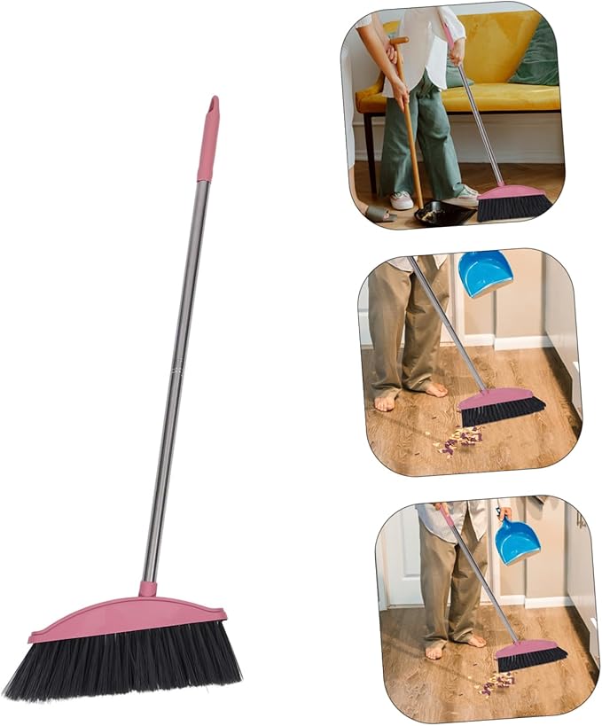 Unomor Clean Broom Stainless Steel Household Broom with Long Handle Soft Bristle Sweeping for Indoor and Outdoor Floor Cleaning Compact Reusable Dust Brush Pink 34.37 * 11.96 * 1.18in