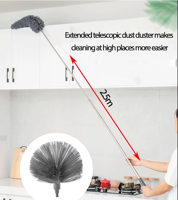 Cobweb Duster with Extension Pole, Ceiling Cobweb Cleaner Kit with 2 Duster Heads, 15-100 Inch Telescopic Microfiber Cleaning Duster, Corner Dusting Tool for High Walls, Fans, Blinds Gray