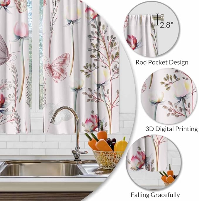 Pink Floral Kitchen Curtains Pretty Elegant Peony Rose Lovely Butterfly Short Tier Curtains for Bathroom Cafe Small Window Drapes Treatment 2 Panels (27.5x39 Inch)