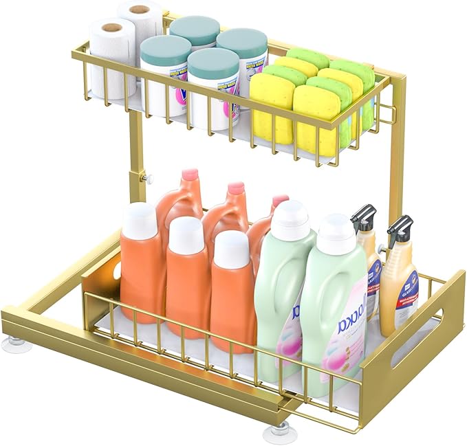 Under Sink Organizer Storage 2-Tier Premium Metal Pull-Out Kitchen Cabinet Organizer with Sliding Drawer, Height Adjustable, Heavy Duty for Kitchen & Bathroom Organizers 1 Pack Gold