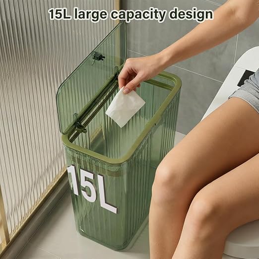 Bathroom Trash Can with Lid3.5 Gallon Garbage Can，for Bedroom, Office, Plastic Slim Waste Basket with Press Top Lid, 15l Clear Trash Bin for Home Slim Trash Bin Clear, Kitchen （Green）