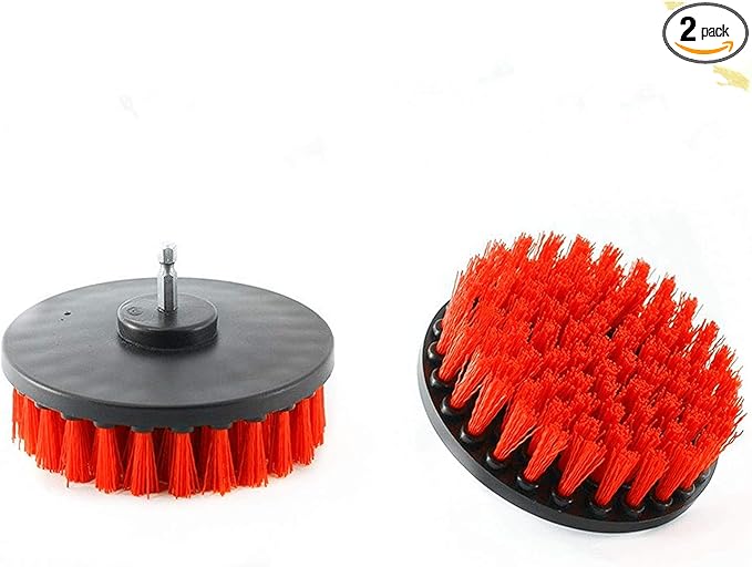 Drill Brush Heavy Duty 2PCS – Clean Tile & Grout 5X faster – Spin Away Rust, Soap Scum, Mineral Deposit, Hard Water Stain – 5″ Diameter Stiff Red Nylon Bristle with Metal Shaft Attachment