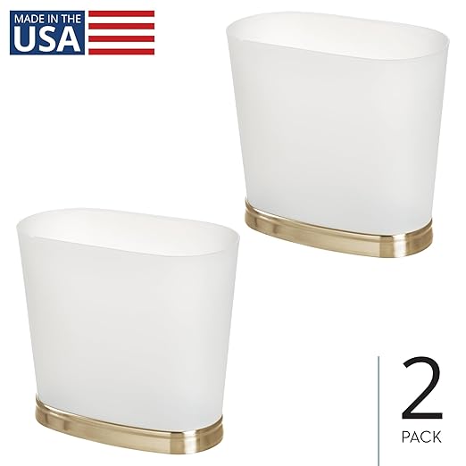 iDesign Slim Bathroom Trash Can, Small Plastic Garbage Can for Bedroom, Office, Desk, or Dorm, 2-Pack, Frost/Soft Brass