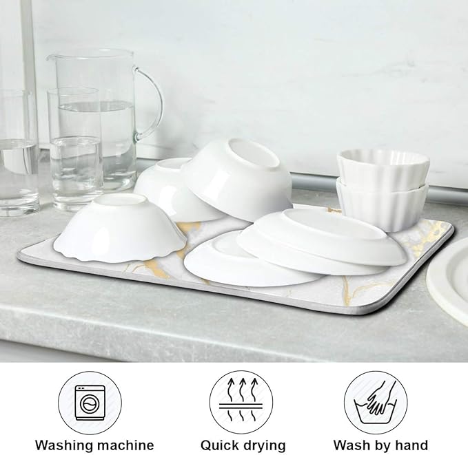 Marble White Dish Drying Mat 18x24 for Kitchen Golden Grey Marble Dishes Pad Dish Drainer Rack Mats Absorbent Fast Dry Kitchen Accessories
