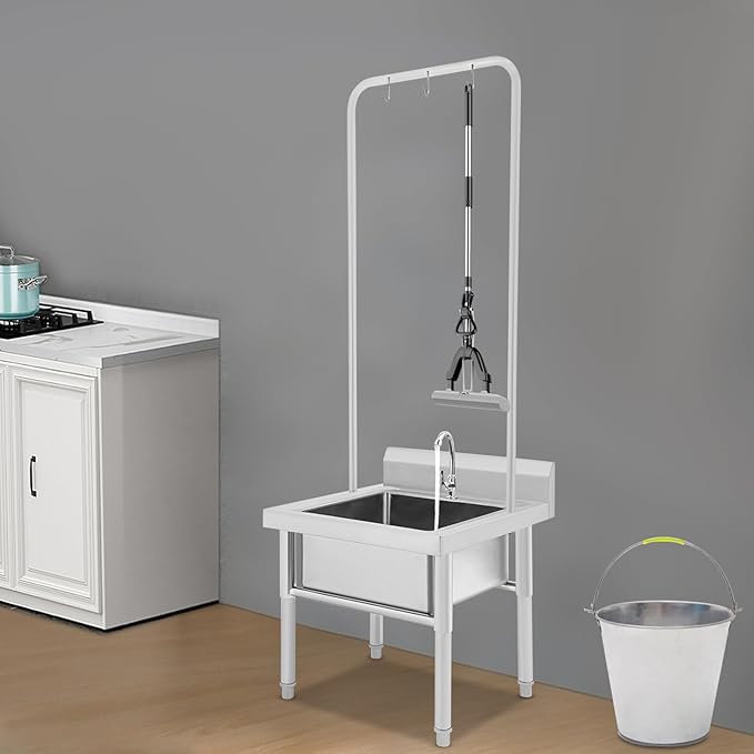 Stainless Steel Floor Mop Sink, Commercial Mop Sink w/ 47.24''H Cleaning Tool Rack, Single Bowl Restaurant Kitchen Service Basin w/Faucet & Drainage, 23.62''L*23.62''W*68.9''H