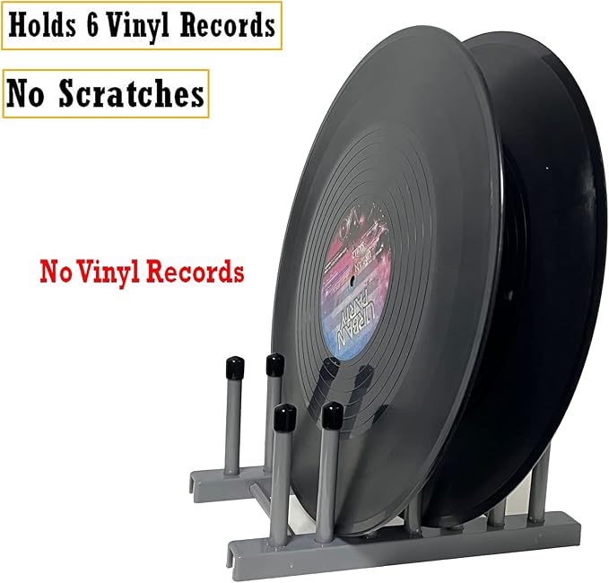 Pmsanzay Vinyl Record Storage Holder Stand cleaning device drying rack Display - With Silicone top（Keep your records scratch free）– Holds up to 6 Album Lp’s, for 12" and 7" Records，(No Records) Grey