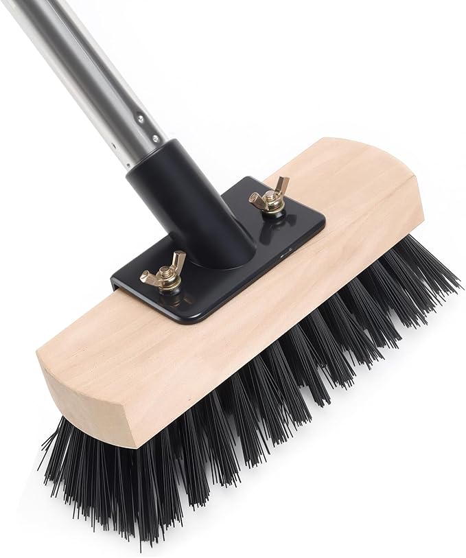 Heavy Duty Adjustable Push Broom with Stiff Bristles, Solid Wood Head Multi-Surface Floor Brush for Bathroom Tile, Pool Deck, Patio Cleaning