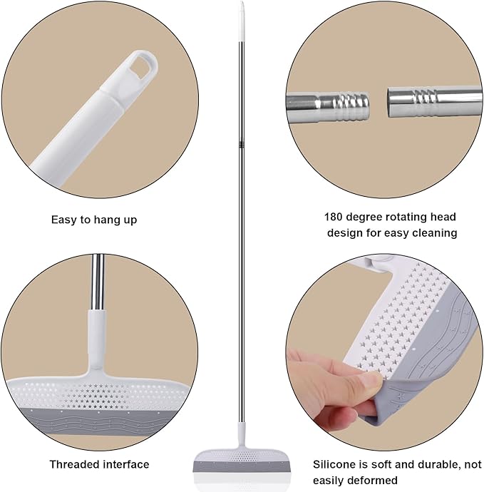 53.5-Inch White Rubber Broom Squeegee with 180 Rotating Head, Long Handle Multifunction Scraping Silicone Broom Floor Sweeper, Pet Hair Remover, Window, Mirrors, Tile Cleaning