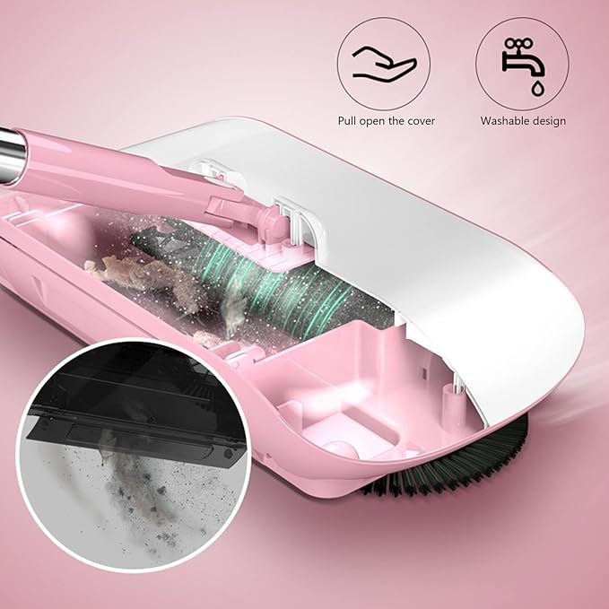 Carpet Cleaner Brush, 2 in 1 Manual Vacuum Sweeper, 180 Degree Rotating Sweeping Mop, Hand Push Sweeper, Home Cleaning Tool for Cleaning Pet Hair, Loose Debris, Lint (Pink)