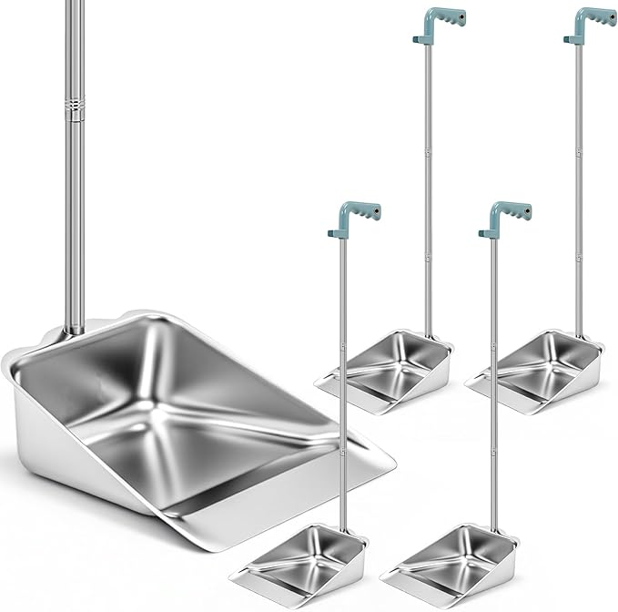 Leumoi 4 Pack of Dust Pans with Long Handle Set, 35" Stainless Steel Long Handled Stand up Dust Pans with Handle for Home, Office, Restaurant, Indoor and Outdoor Floor Cleaning