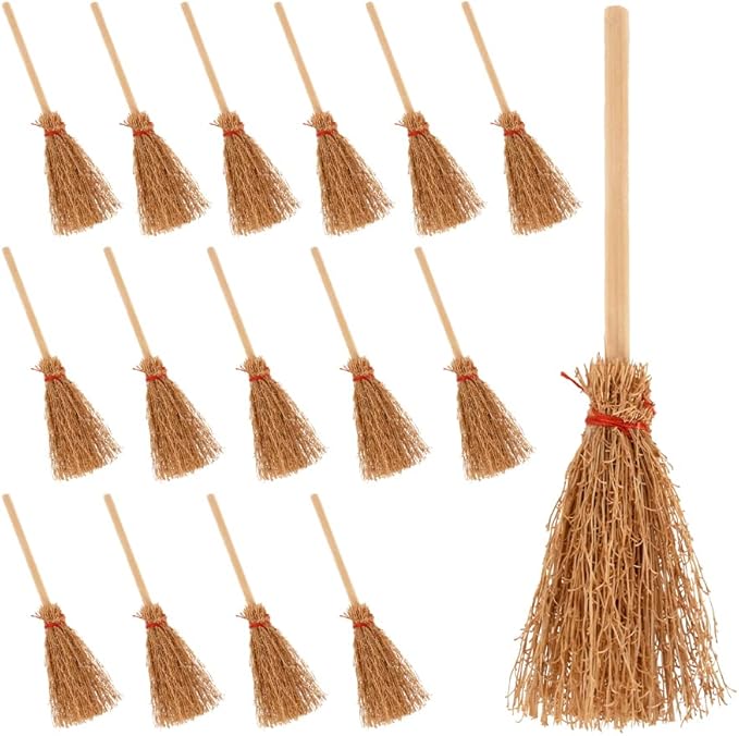 Miniature Artificial Mini Straw Brooms, 15Pcs Miniature Brooms with Red Ropes for Christmas Snowman Halloween Straw Craft Decoration Witches Accessory Costume Cosplay Party
