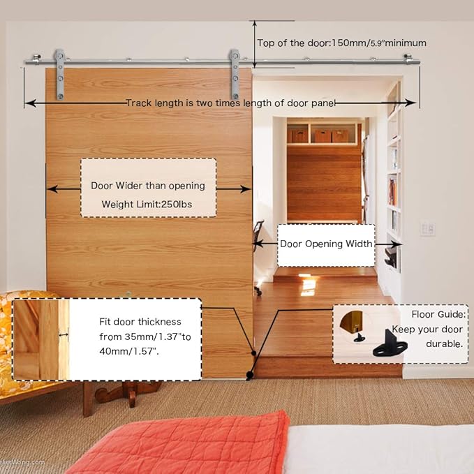CCJH Stainless Sliding Barn Door Hardware Kit 9ft Heavy Duty for Single Wooden Door (Flat Shape Hanger)