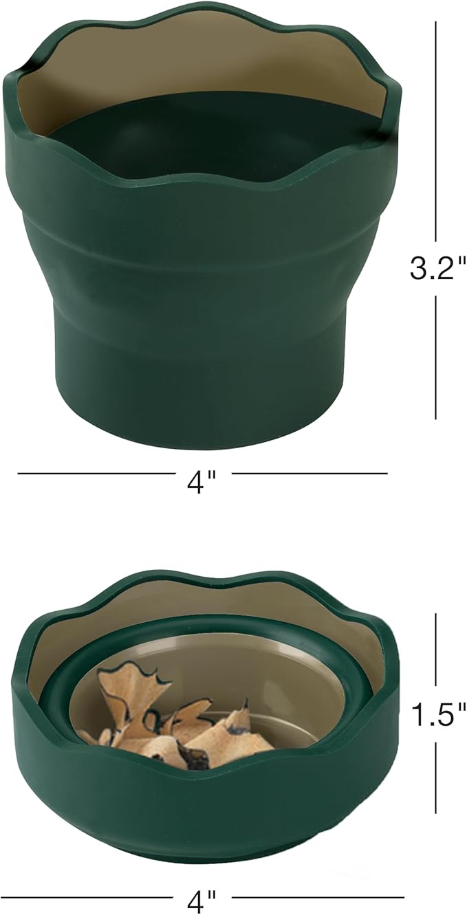 Faber-Castell Clic & Go Artist Water Cup, Dark Green - Travel-Friendly Collapsible Brush Cleaner Tool with Brush Stand, Scalloped Rim, Non-Slip Base, Portable Palette & Rinser