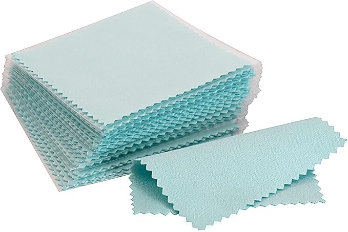 CATIFLIN 100pcs Premium Jewelry Cleaning Cloth, Silver Polishing Cloth Individually Wrapped, for Sterling Silver, Gold, Brass, Silverware, Coin, Ring, Watch and More (Sea Blue, 3.15" x 3.15")