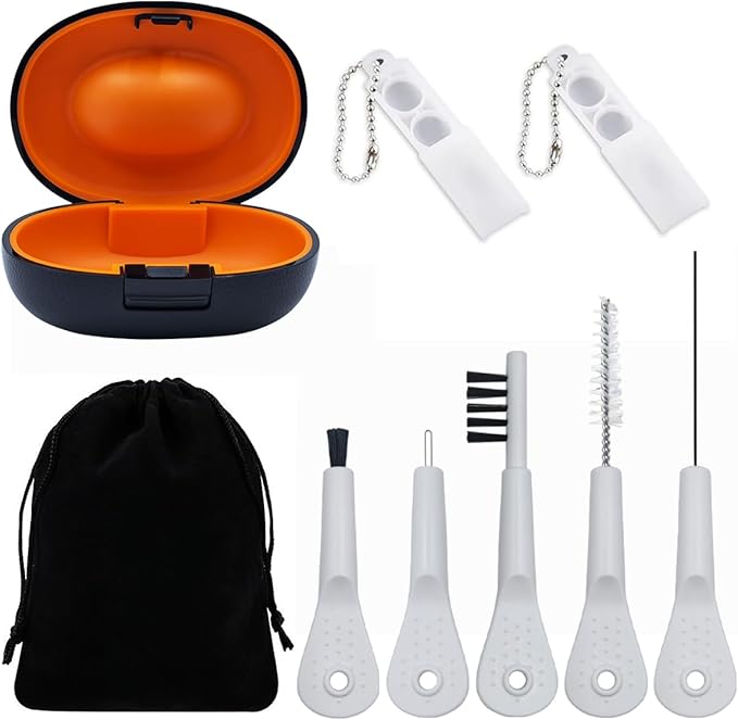9 Pieces Hearing Aid Case Portable Storage Box with Cleaning Brush Kit Tools and Hearing Aid Battery Case (Black)