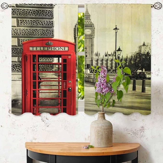 London Kitchen Curtains City Red Telephone Booth Big Ben Retro Romantic Building Short Tier Curtains for Bathroom Cafe Small Window Drapes Treatment 2 Panels (27.5x39 Inch)