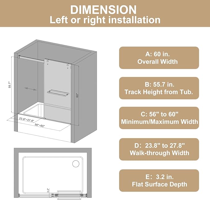 56-60" W x 60" H Double Sliding Bathtub Shower Door, 5/16" (8mm) Tempered Glass Frameless Shower Glass Door, Double Nano Coating, Pull Towel Rack (Brushed Gold)