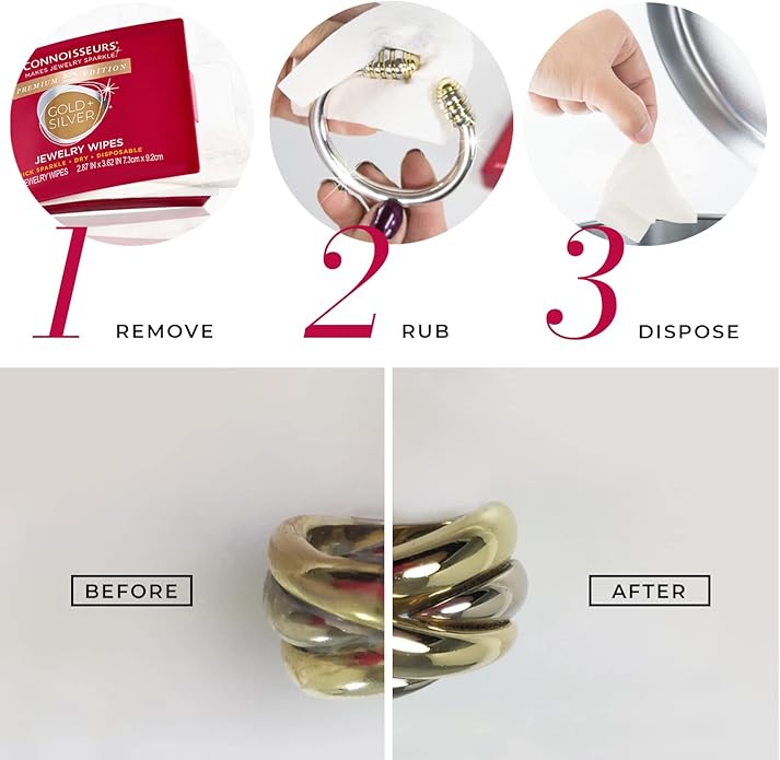 CONNOISSEURS Premium Edition Compact Jewelry Wipes No Rinse Gold and Silver Jewelry Cleaner, Polish and Remove Tarnish to Restore Brilliance, Dry Disposable Wipes, Diamond Dazzle Stik
