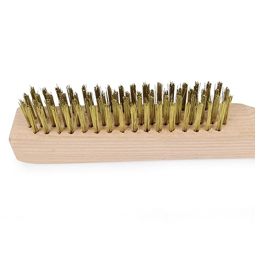 MAXMAN Brass Brush, Heavy Duty Brass Wire Brush Set 2Pcs, Metal Brush, Wire Brushes for Cleaning Rust with 10" Curved Beechwood Handle