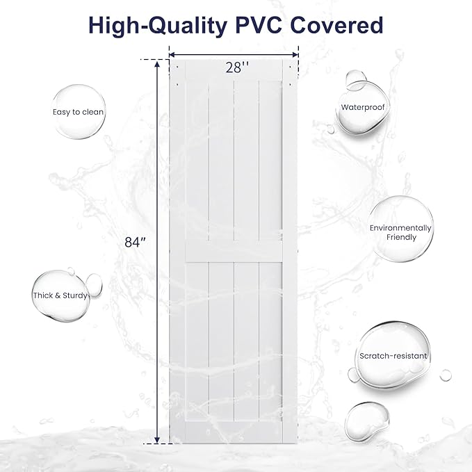 SmartStandard 28 x 84 inch White Slidng MDF Barn Door with 5FT Brushed Nickel Sliding Door Hardware Kit & Handle, Pre-Drilled Ready to Assemble, Waterproof PVC Coating, H-Frame