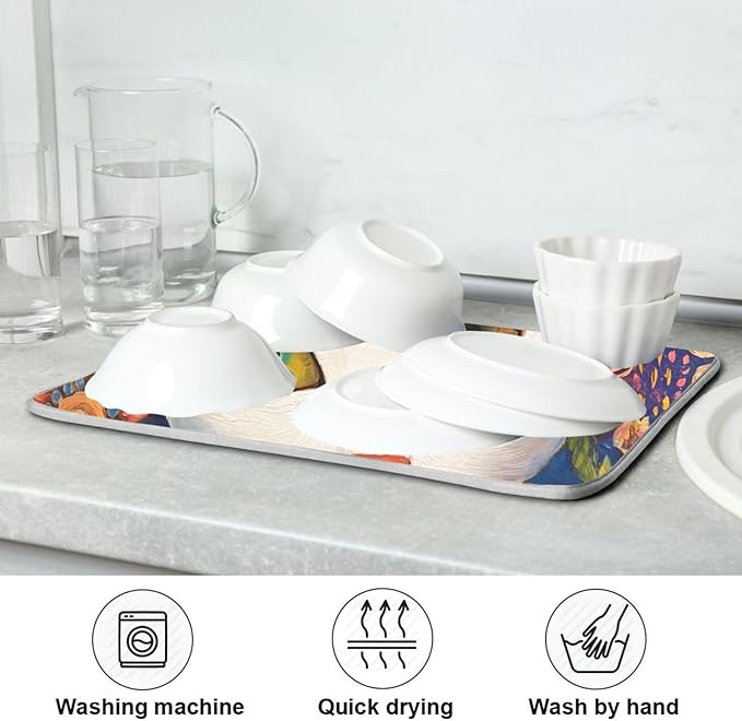 White Cat Colorful Flowers Pattern Dish Drying Mat for Kitchen Counter Super Absorbent Drying Mat 16x18 inch Large Dish Drying Matts for Countertop Protector Dishes Pad