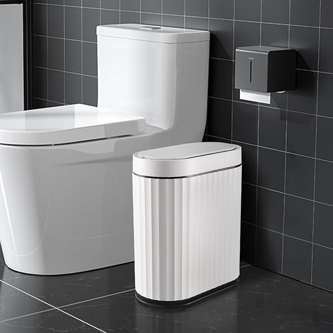 ELPHECO Bathroom Trash Can with Lid 2 Gallon Small Sensor Garbage Can, Slim Smart Trash Bin, Waterproof Automatic Wastebasket, Narrow Plastic Garbage Bin for Bathroom, Black and White