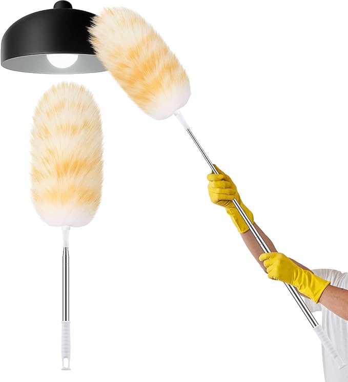 Remerry Lambswool Cleaning Duster Extendable Feather Duster 30-96 Inch with Stainless Steel Handle Removable Head Multi Surface Cleaning Tool for Ceiling Fan Window Furniture Bookshelf Home Office